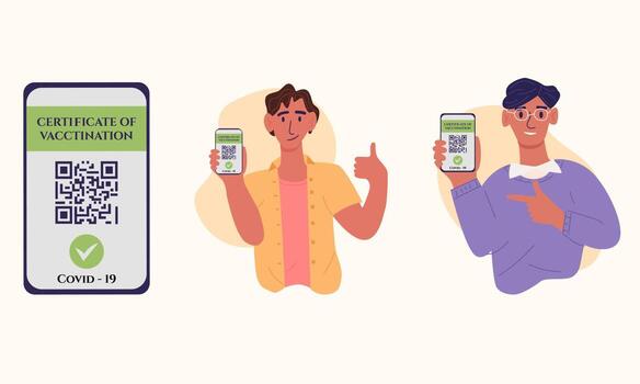 Certificate of vaccination vector flat illustration, with young two man. They showing smartphone with vaccine QR code in mobile app