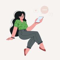 Young sitting and using smartphone for browsing internet, chatting,looking videos or checking social media.Vector flat illustration.