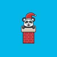 lindo bebé panda en la casa de la chimenea y con gorro de Papá Noel. diseño de personajes, logotipos, iconos e inspiración. vector