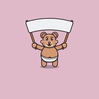 Cute Baby Bear With Big Blank Banner. Character, Logo, Icon, Cartoon And Inspiration Design. vector