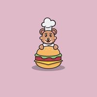 Cocinero lindo del oso del bebé con la hamburguesa. diseño de personajes, logotipos, íconos, dibujos animados e inspiración. vector