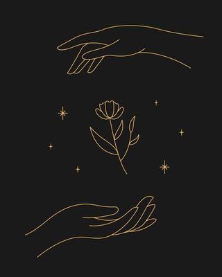 Magic sparkling twigs in hand. contour esoteric elegant illustration.