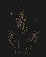 Magic sparkling twigs in hand. contour esoteric elegant illustration. vector