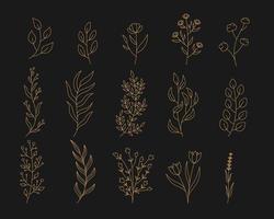 Set different golden outline twigs on a black background. vector