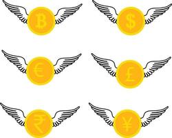 monedas de dinero con alas en blanco vector
