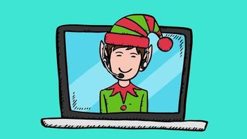 Elfo de soporte al cliente de Navidad en la pantalla del portátil. video