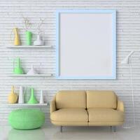 Mock up of poster frame in wooden floor modern interior behind of couch in living room isolated on bright background, 3D render, 3D illustration photo