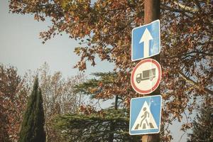 Various road signs in the street. Zebra crossing sign. photo