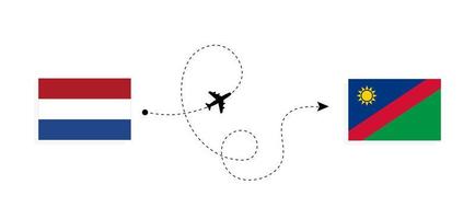 vuelo y viaje desde países bajos a namibia en avión de pasajeros concepto de viaje vector