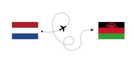 vuelo y viaje desde países bajos a malawi en avión de pasajeros concepto de viaje vector