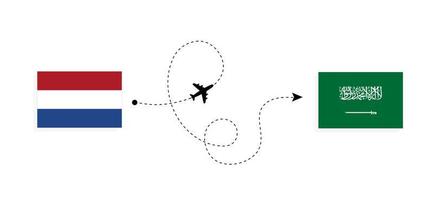 vuelo y viaje desde los países bajos a arabia saudita en avión de pasajeros concepto de viaje vector