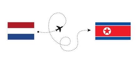 vuelo y viaje desde los países bajos a corea del norte en avión de pasajeros concepto de viaje vector