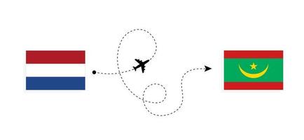 vuelo y viaje desde países bajos a mauritania en avión de pasajeros concepto de viaje vector