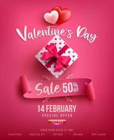 Cartel o pancarta de venta del día de San Valentín con regalo dulce, corazón dulce y artículos encantadores sobre fondo rosa.Plantilla de promoción y compras o fondo para el amor y el concepto del día de San Valentín.vector eps10 vector