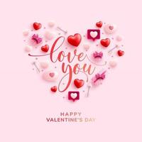 feliz día de san valentín con el símbolo del corazón de los elementos de san valentín sobre fondo rosa. promoción y plantilla de compras para el concepto de amor y día de san valentín. vector