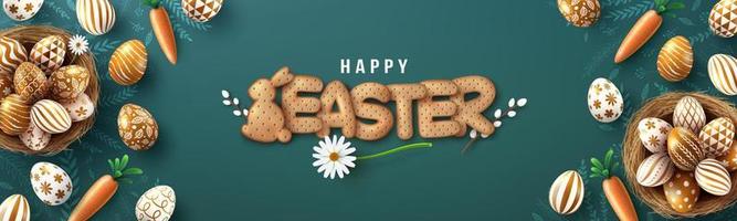 Easter poster and banner template with golden Easter eggs in the nest and Font of cracker biscuits on blackboard.Greetings and presents for Easter Day in flat lay styling.Banner template for Easter vector