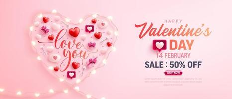 Cartel de venta de feliz día de San Valentín o pancarta con el símbolo del corazón de luces LED de cadena y elementos de San Valentín sobre fondo rosa. promoción y plantilla de compras para el concepto de amor y día de san valentín. vector