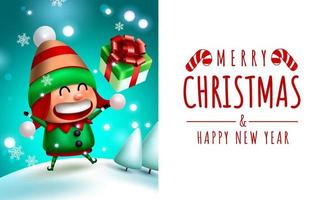 Christmas elf vector template design. Merry christmas greeting text in empty space with playful elf character outdoor for xmas season card messages. Vector illustration.