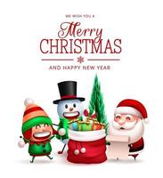 Christmas characters vector design. Merry christmas text with santa claus, elf and snowman character with wish letter for gift giving xmas celebration. Vector illustration.