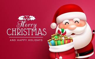 Christmas santa greeting vector design. Merry christmas text in red space with santa claus character holding xmas gifts for happy holiday celebration. Vector illustration.