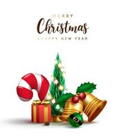 Christmas vector design. Merry christmas text with bells, candy cane and leaves miniature ornament elements for xmas greeting card decoration. Vector illustration
