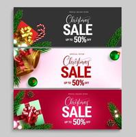 Conjunto de banner de vector de venta de Navidad. Texto de oferta especial de venta navideña con descuento de precio para promoción de compras de celebración navideña de temporada. ilustración vectorial.