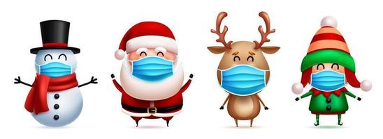 Christmas characters in facemask vector set. Santa claus, elf, snowman and reindeer 3d friendly characters wearing mask for xmas covid-19 safety design. Vector illustration.