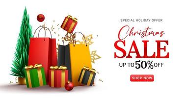 Christmas sale vector banner design. Christmas sale special holiday offer text discount promo with gifts and bags for xmas shopping clearance offer. Vector illustration.