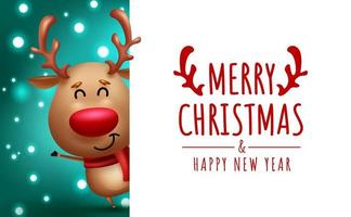 Christmas reindeer vector template design. Merry christmas greeting text in empty blank space with cute waving reindeer character for holiday season messages. Vector illustration.