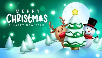 Merry christmas vector design. Merry christmas greeting text in snowy night background with waving snowman and reindeer characters for xmas celebration. Vector illustration