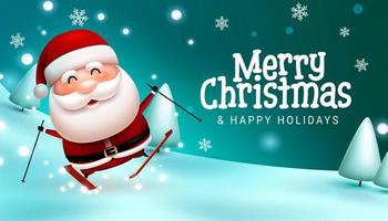 Christmas greeting vector background design. Merry christmas text with ice skating santa claus character in outdoor snow sliding for fun xmas season celebration. Vector illustration.