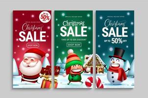 Christmas sale vector poster set. Christmas sale text with discount for xmas seasonal shopping and business promotion banner ads. Vector illustration