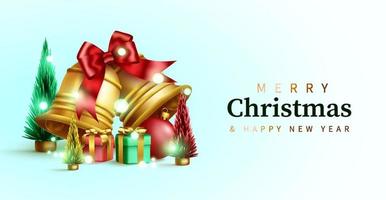 Christmas vector background design. Merry christmas greeting text in empty space with bells, gifts and pine tree miniature decoration elements for xmas card. Vector illustration