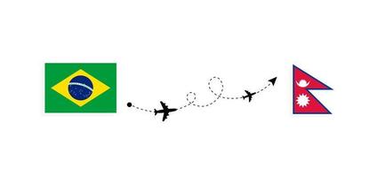 vuelo y viaje desde brasil a nepal en avión de pasajeros concepto de viaje vector
