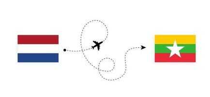 vuelo y viaje desde países bajos a myanmar en avión de pasajeros concepto de viaje vector