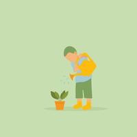 niño regando las plantas. niño cuidando vector de ilustración de plantas.