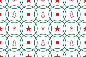 Seamless pattern with Christmas symbol, green and red colour on white background, geometric star, rectangle and circle shape. Vector illustration.