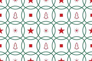 Seamless pattern with Christmas symbol, green and red colour on white background, geometric star, rectangle and circle shape. Vector illustration.