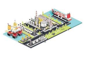 Refinery Plant. Isometric Oil Tank Farm. Offshore Oil Rig. Maritime Port with Oil Tanker Moored at an Oil Storage Silo Terminal.