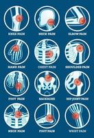 Body Pain Set. Pain in Backache, Hip Joint, Knee, Elbow, Hand, Foot, Shoulder, Neck, Chest and Wrist. vector