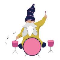 Gnome playing drumms sitting on chair. Gnome drummer. vector