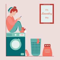 Happy Woman doing laundry. Woman sitting on washing machine with smartphone in hands. Poster on the wall It's Laundry day. Washing powder, laundry basket and softener stands on floor. vector