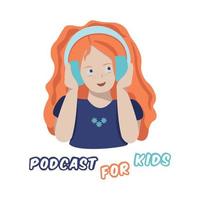 Happy little red hair girl listen podcast for kids in blue headphones vector