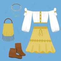 Woman boho outfit set white blouse, yellow skirt, necklace, brown boots