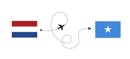 vuelo y viaje desde países bajos a somalia en avión de pasajeros concepto de viaje vector