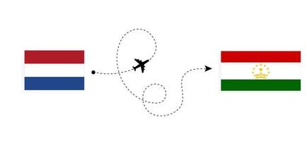 vuelo y viaje desde países bajos a tayikistán en avión de pasajeros concepto de viaje vector