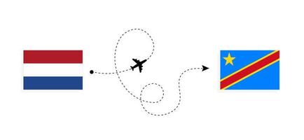 vuelo y viaje desde los países bajos a la república democrática del congo en avión de pasajeros concepto de viaje vector