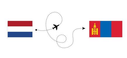 vuelo y viaje desde países bajos a mongolia en avión de pasajeros concepto de viaje vector