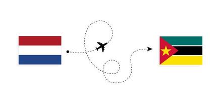 vuelo y viaje desde países bajos a mozambique en avión de pasajeros concepto de viaje vector