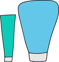 Vector doodle illustration with cosmetic product tube. Green and blue container for liquid product